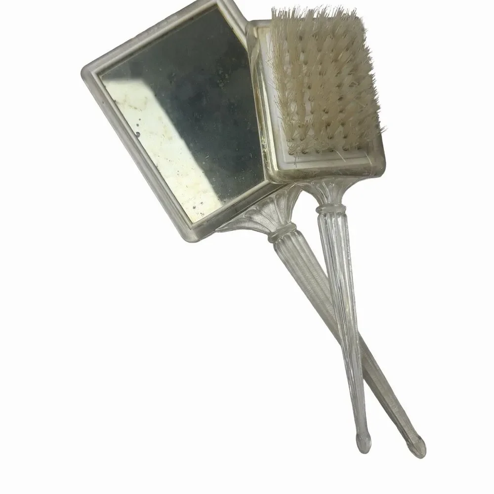 Vintage Vanity Set 2 Pieces Brush Handheld Mirror Lucite or Acrylic w/ Gold Foil